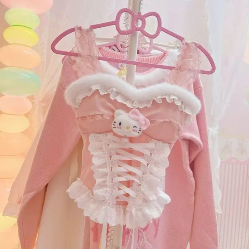 

Новый Hello Kitty Sanrio, оригинальный милый милый кружевной кавайный стиль в стиле Лолиты для девочек и женщин, элегантный тонкий стильный дизайн на подтяжках, праздничная одежда