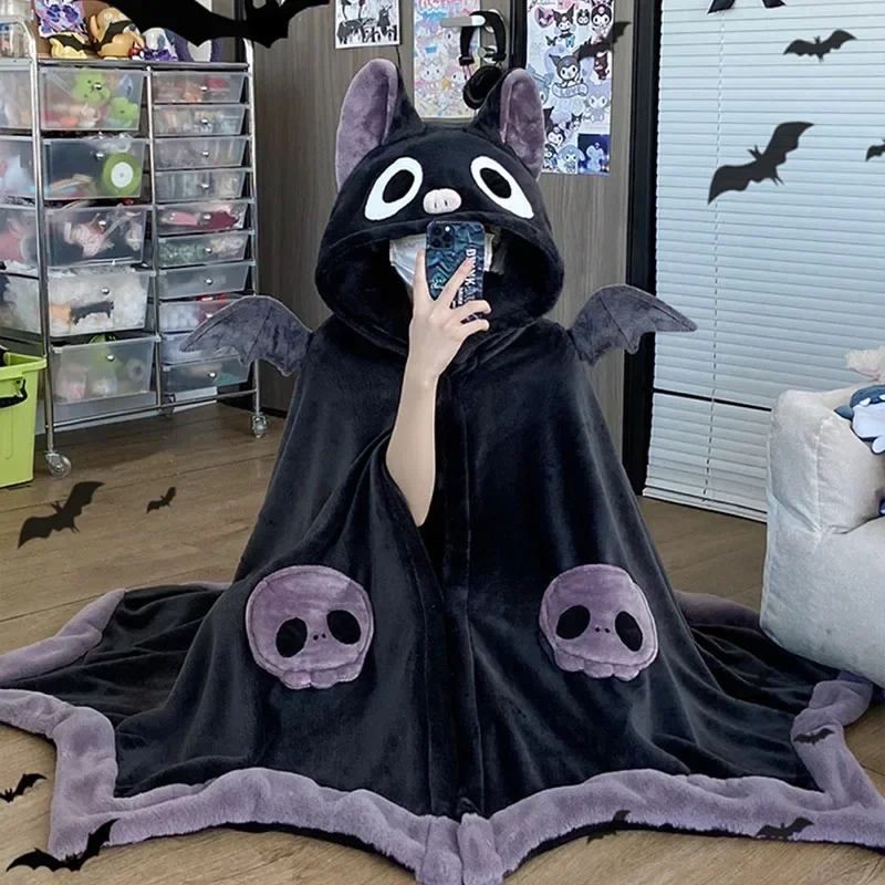 Kawaii cartoon bat plush adult pajamas, Everak Halloween costume, women's hooded cape