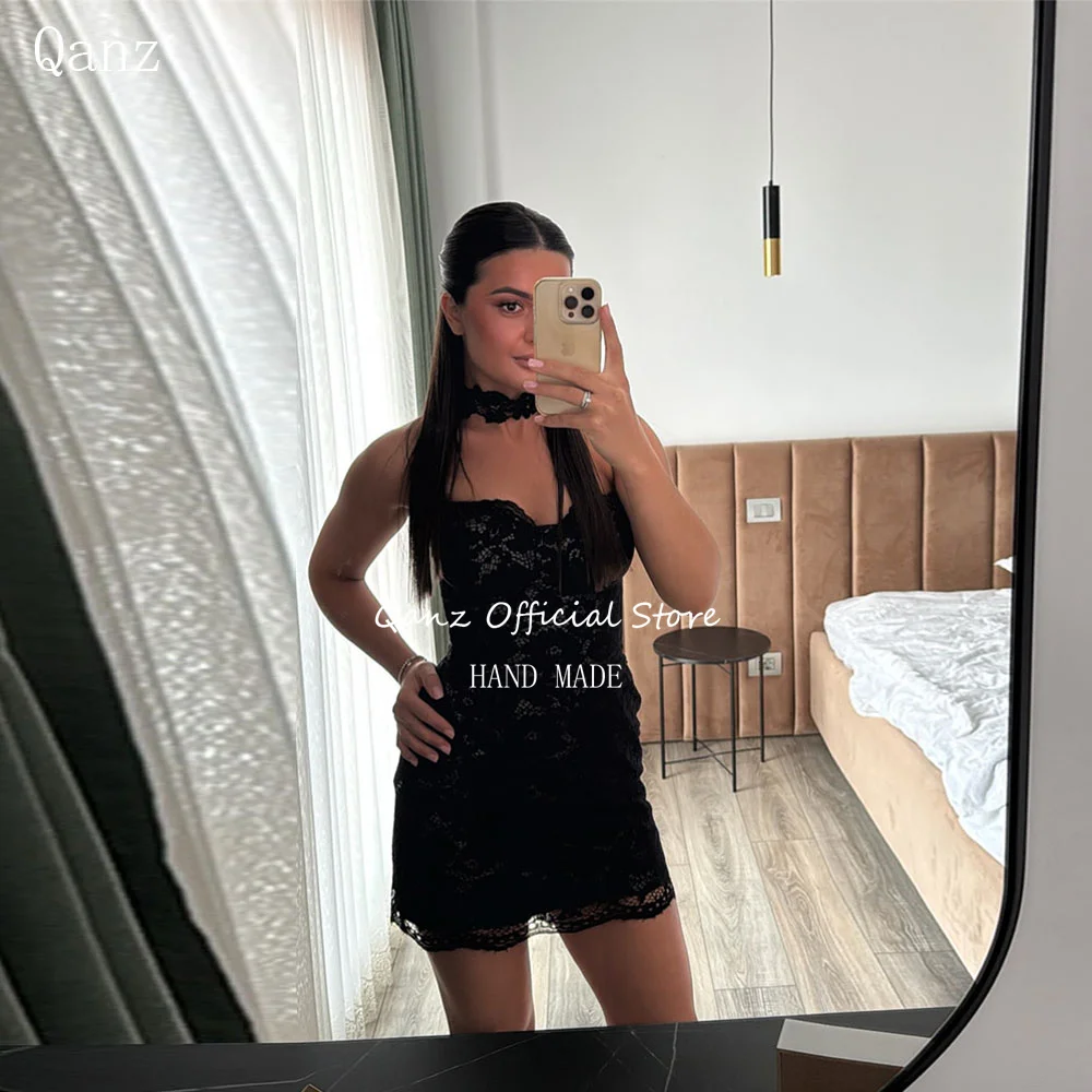 Qanz Chic Lace Black Prom Dresses Mini Sweetheart Women Vestidos De Gala Backless Short Sexy Birthday Party Gowns Customized