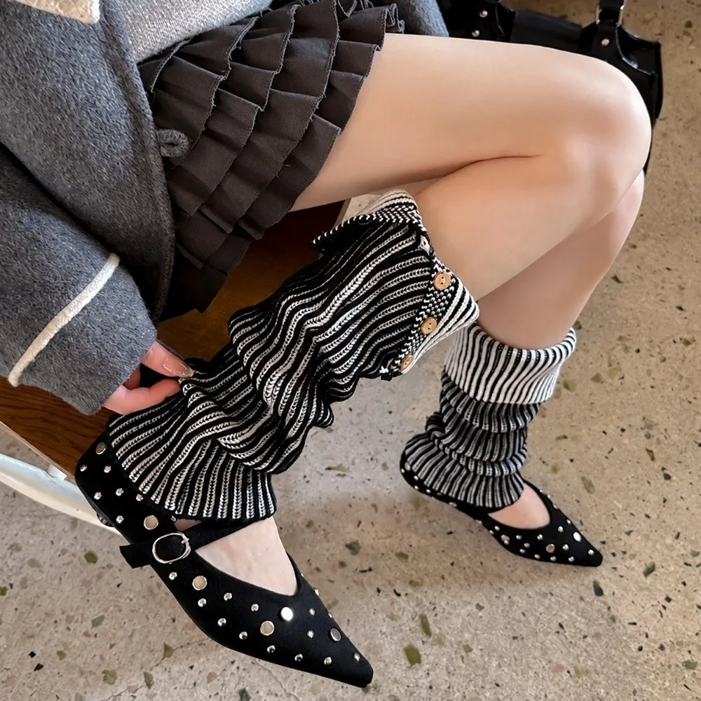 1 Pairr Cotton Blend Leg Warmer Thickened Knit Fold-Over Cuff Cuffed Leg Warmer Vertical Striped Decorative Button