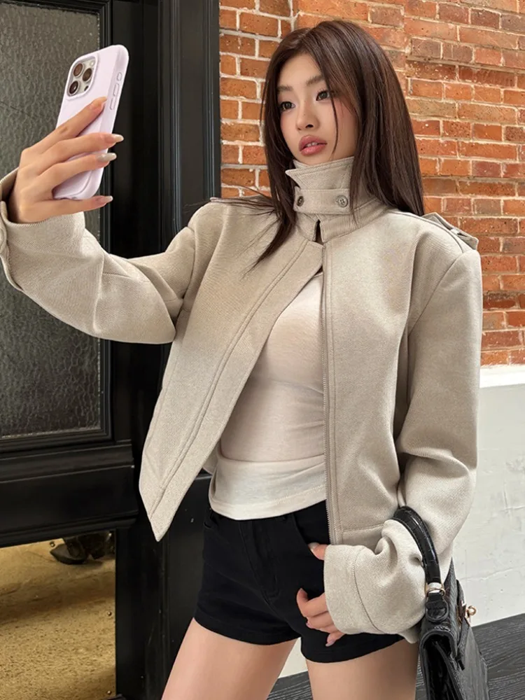 

Повседневное ретро длина до плеч женское модное базовое пальто из смеси хлопка из полиэстера с воротником-стойкой в диагональную полоску