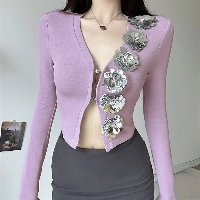 Phụ Nữ Cổ Chữ Gợi Cảm Khóa Trước Áo Len Áo Crop Top Tay Dài Lấp Lánh Kim Lấp Lánh Hoa Dệt Kim Mỏng Đan Cardigan