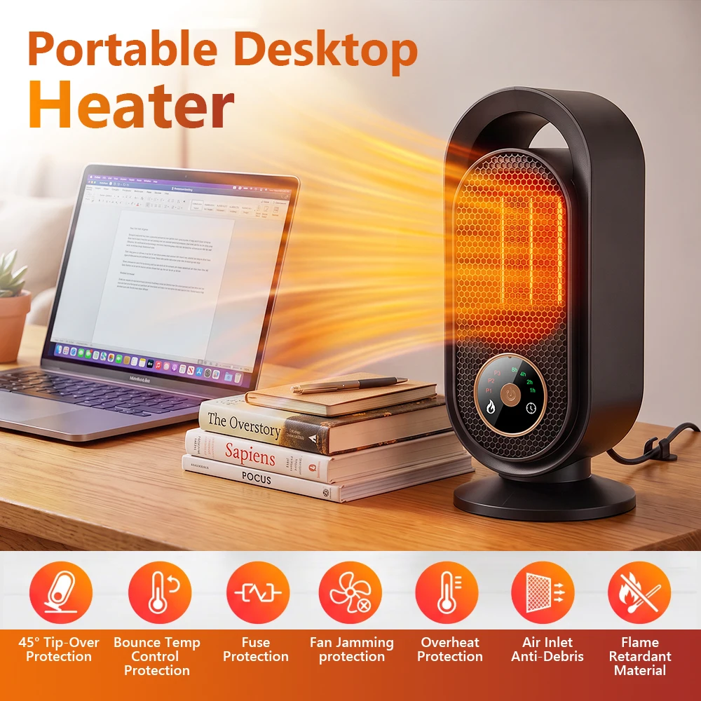 Electric Heater with Touch Control, PTC Ceramic Fast Heating, 3 Speeds 4 Timers, Energy Efficient Desk Warmer for Home Office