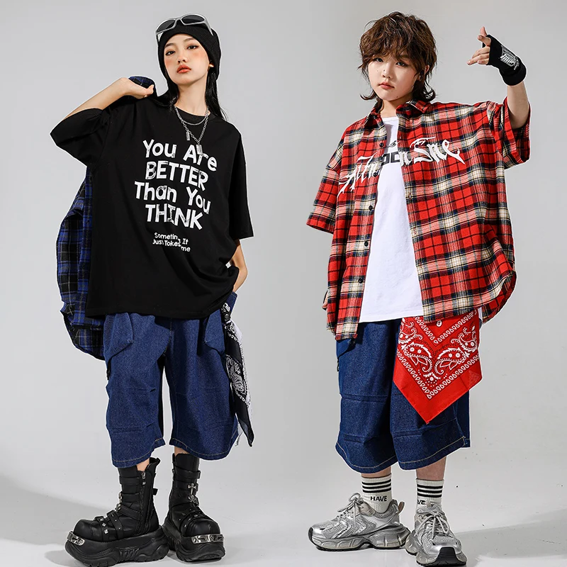 Jungen Hip Hop Lose Kariertes Hemd Cargo-Shorts Mädchen K-pop Street Dance Kleidung Kinder Streetwear Kinder Jazz Sommer Kleidung set