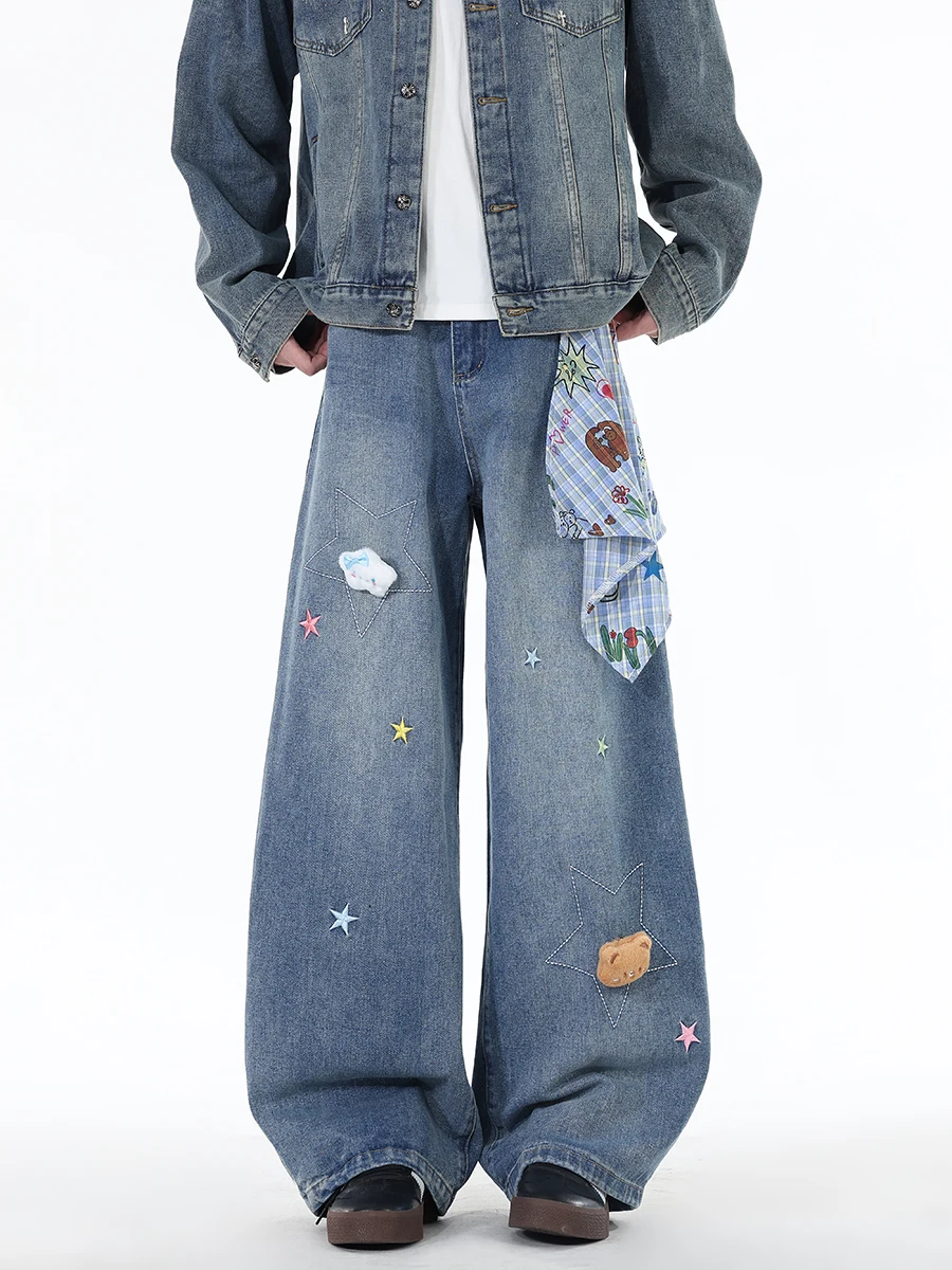 

Removable Bear Scarf Men's Jeans Autumn Trendy Brand Vibe Embroidered Straight Leg American Casual Wide Leg Pants