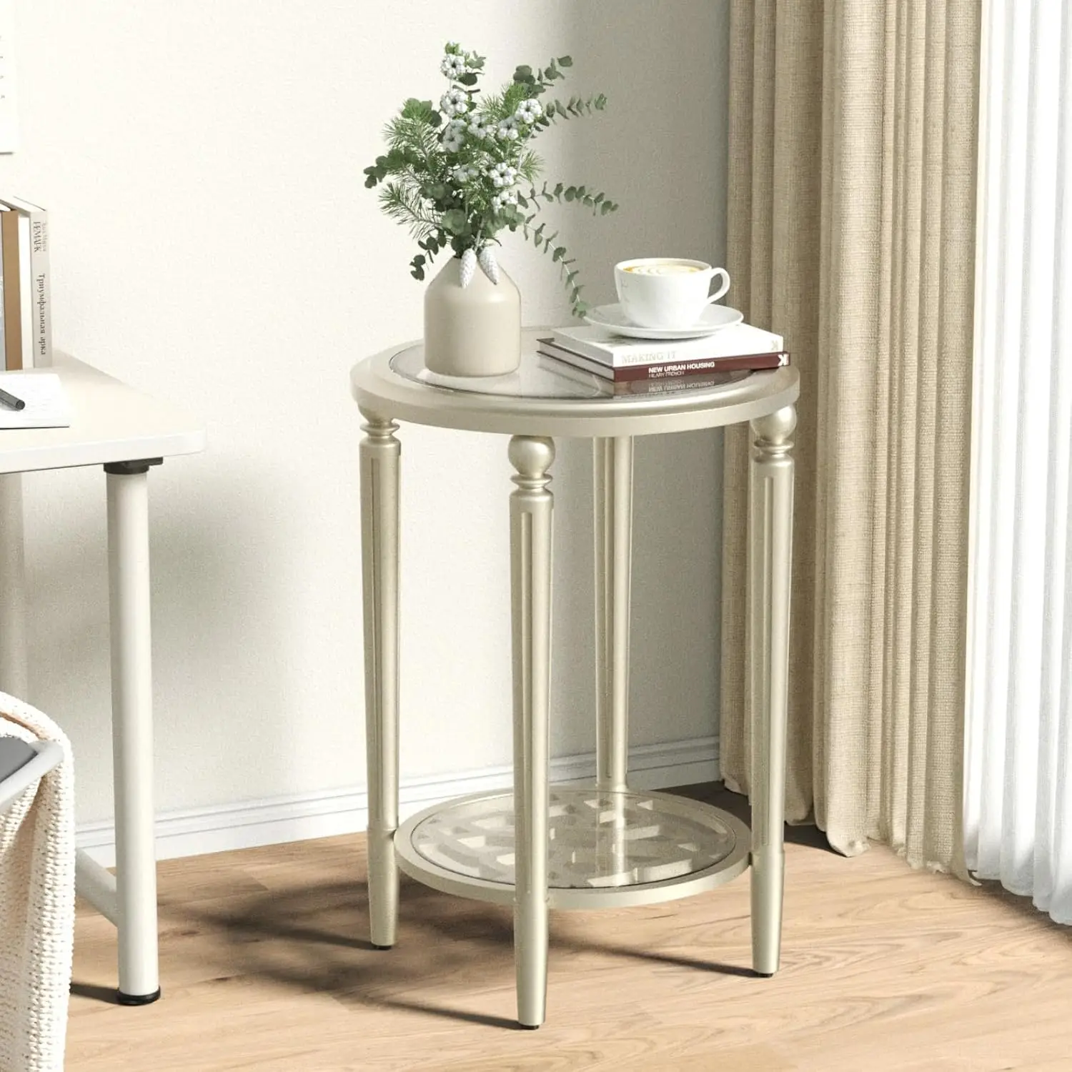 

Modern End Table with Tempered Glass Top & Glass Lower Shelf, MDF Small Nightstand for Living Room, Bedroom