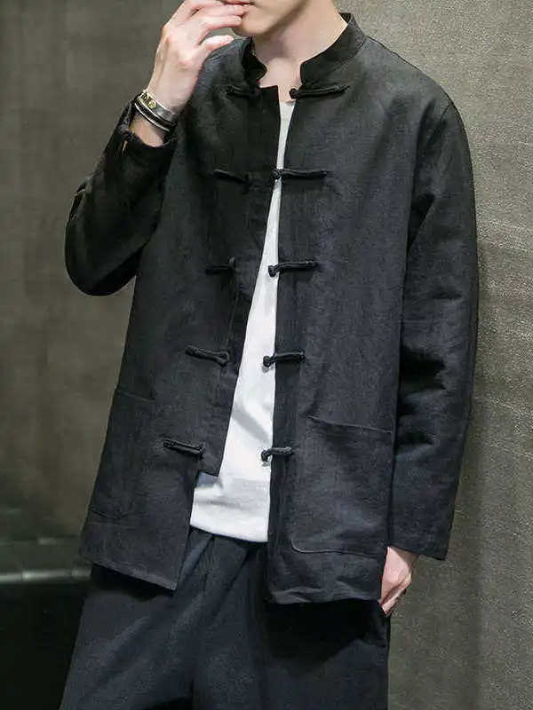 

Loose Fit Linen Cotton Long Sve irt Chinese Sle T Top Ciwalk PU Leather Jaet Inner Wear Cleanfit Stand Collar