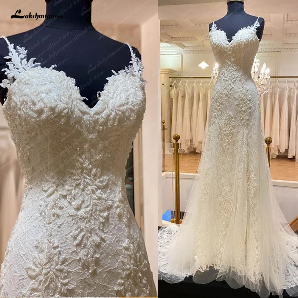 

Lakshmigown Ivory Lace Appliques Beading A-Line Wedding Dresses Floor-Length V-Neck Spaghetti Straps Bridal Gowns