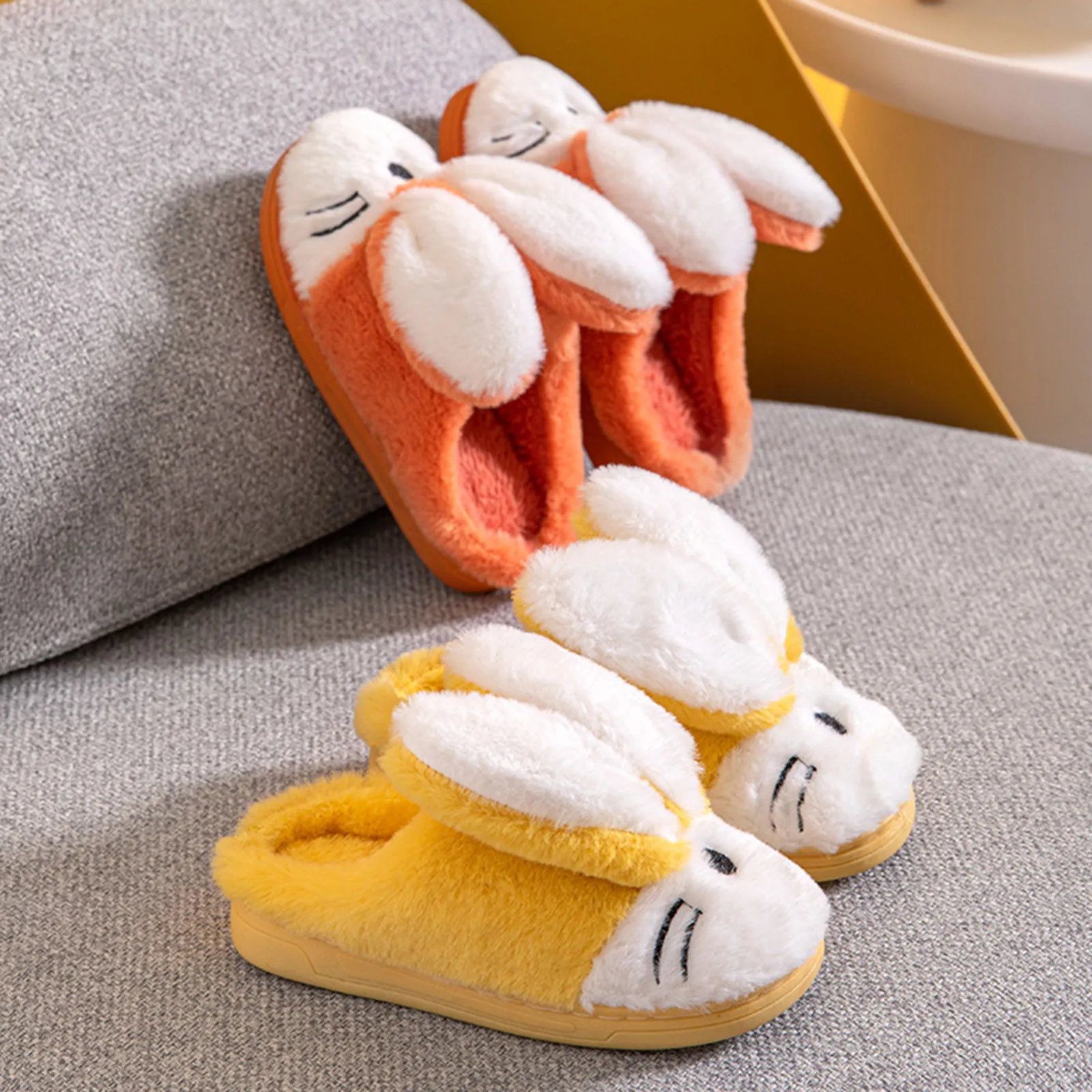 New Winter Cute Rabbit Cartoon Warm Cotton Slippers Children Baby Girls Indoor Floor Flat Non-Slip Cover Heel Home Plush Shoes