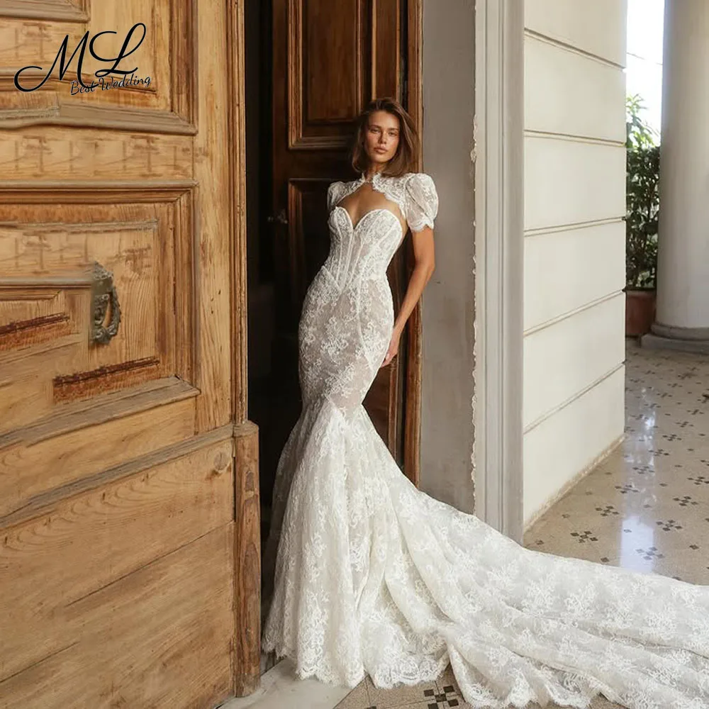 

ML Bohemian Mermaid Lace Appliques Wedding Dress Courtly Style Sweep Train Vestidos De Novia Backless Robe De Mariée Customized