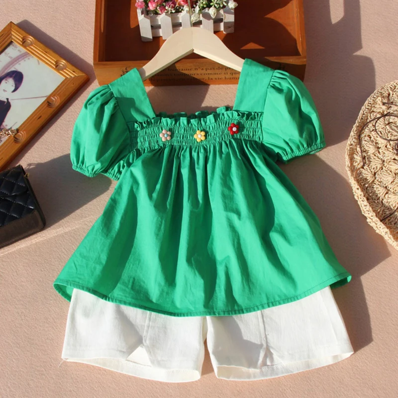 Summer Toddler Girl Puff Sleeve Top Korean Children Cute Flowel Shirts Toddler Cotton White Short Sleeve Blouses Green Outfit