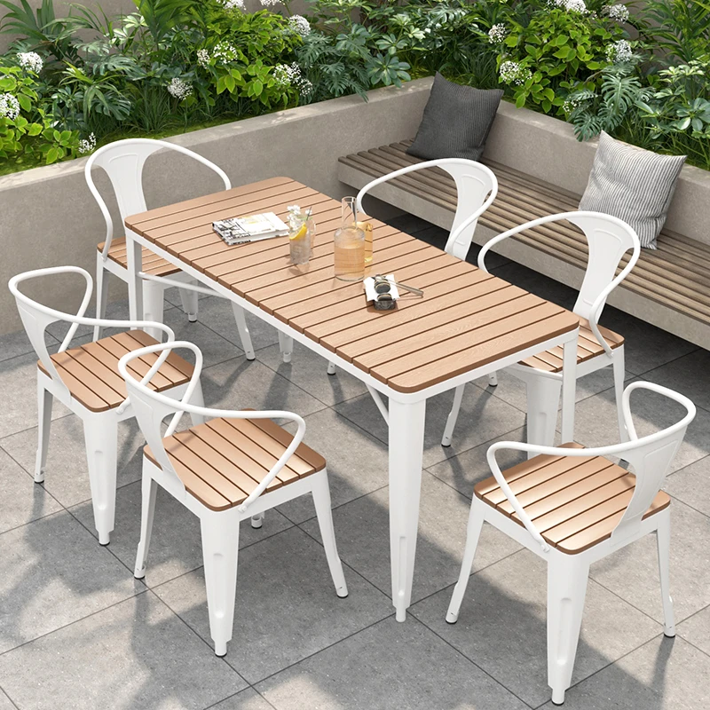 

Outdoor courtyard garden open-air table and chair combination leisure waterproof and sunscreen plastic wood outdoor barbecue sho