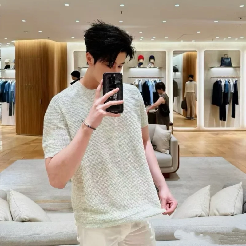 2026 New LP Style Loose Money Style Floral Knitted round Neck Short Sleeve T Shirt Couple Casual Breathable Standard Fit Tee