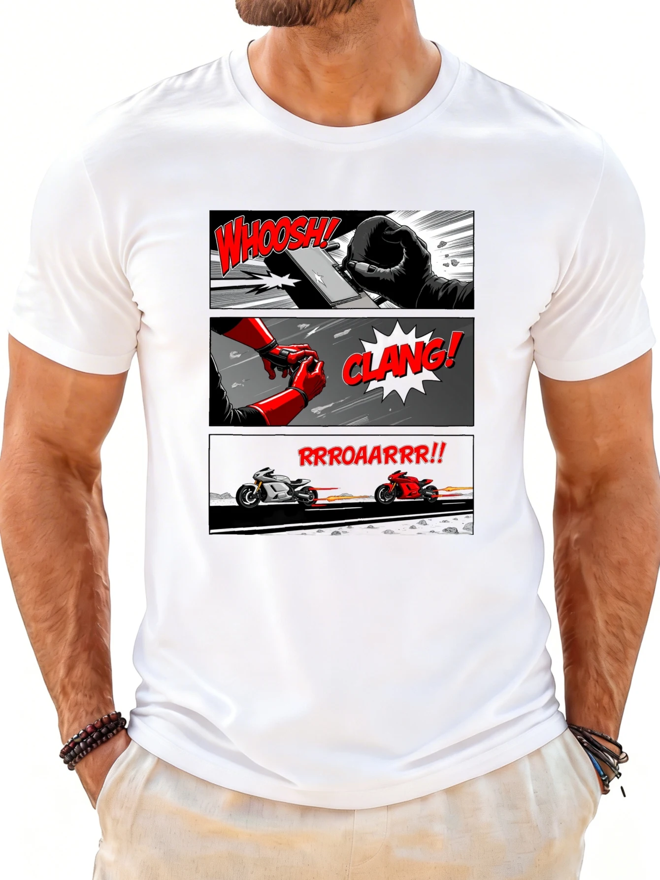Cartoon-Style Men's T-Shirt with Motorcycle Action Scenes, Summer Casual Wear, Suitable for Motorcycle Enthusiasts and as a Gift Option