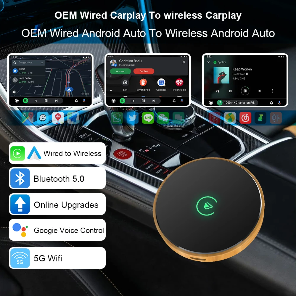 Bamboo Shell 2 in 1 Wireless Carplay Adapter & Android Auto Adpter USB/Type-C Plug And Play Smart Ai Box Support 98% Cars