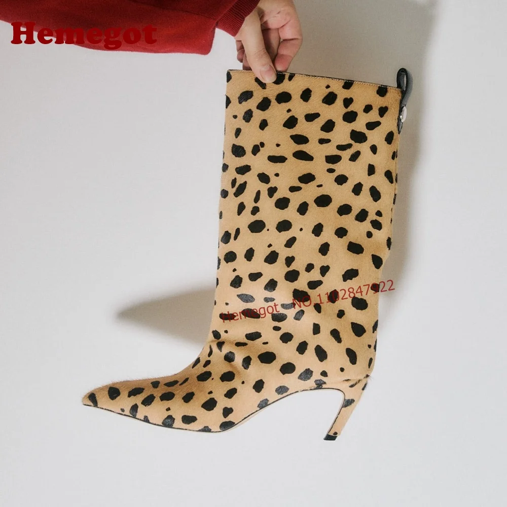 Leopard Print Cowhair Knee High Boots Women Pointed Toe Thin Stiletto Slip On Tall Boots Animal Pattern Leather Booties Casual