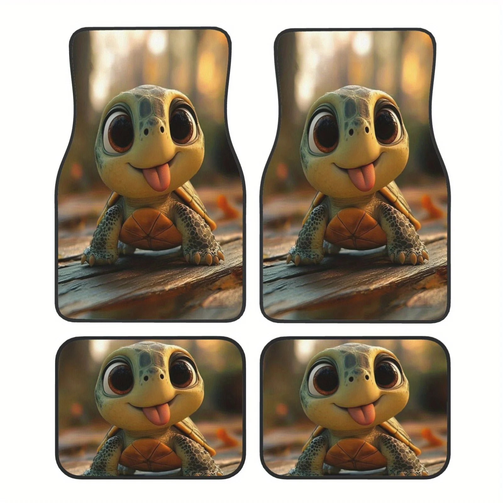 4pcs Cute Cartoon Turtle Theme Crystal Velvet Printed Car Floor Mats, Vehicle Blanket Set For Easy Cleaning Interior Accessories