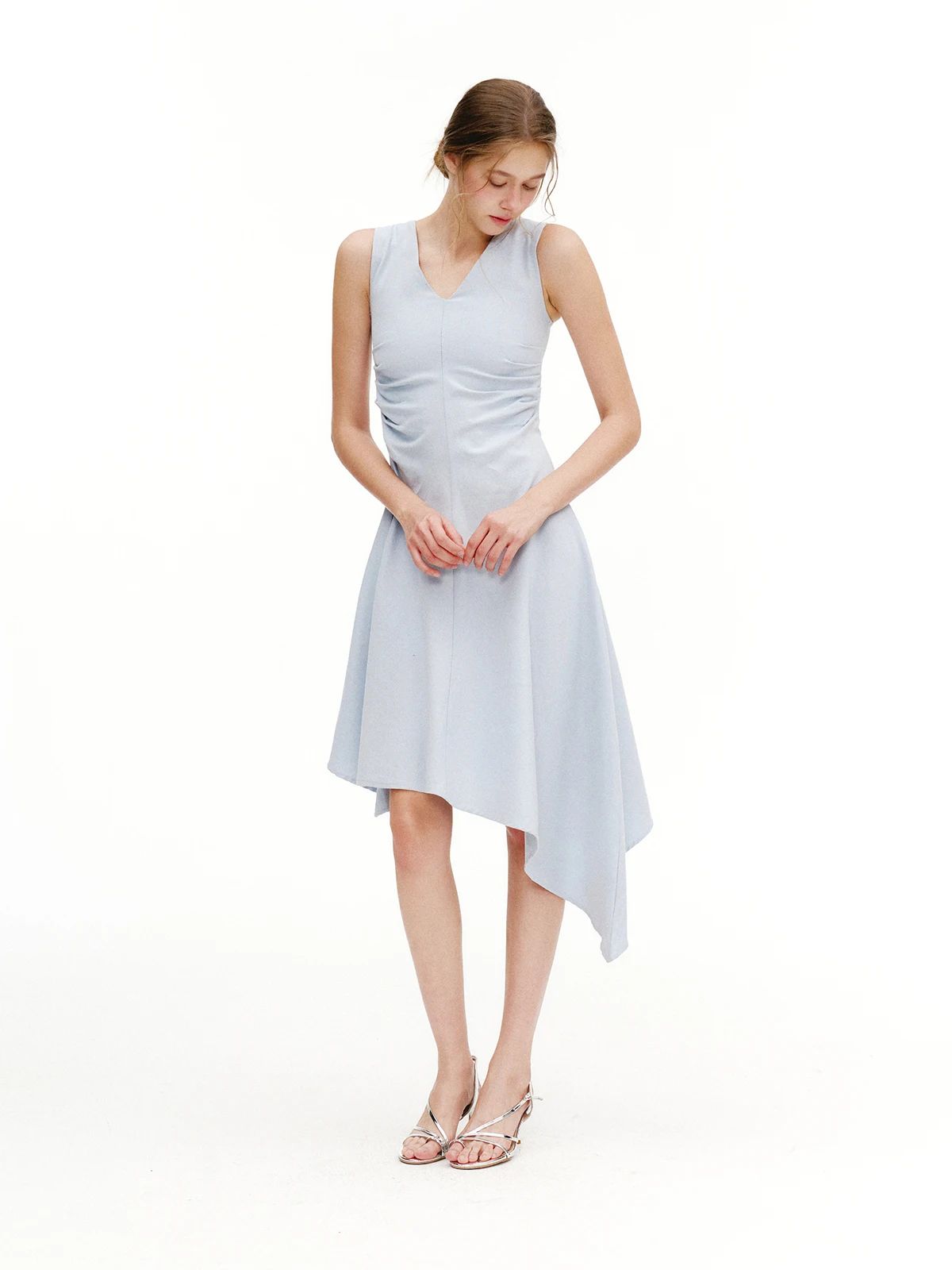 

HoydenPark Minimalist Sleeveless V-Neck Dress Women Summer Waist-Cinched Asymmetrical Drapey Long Dress New Arrival