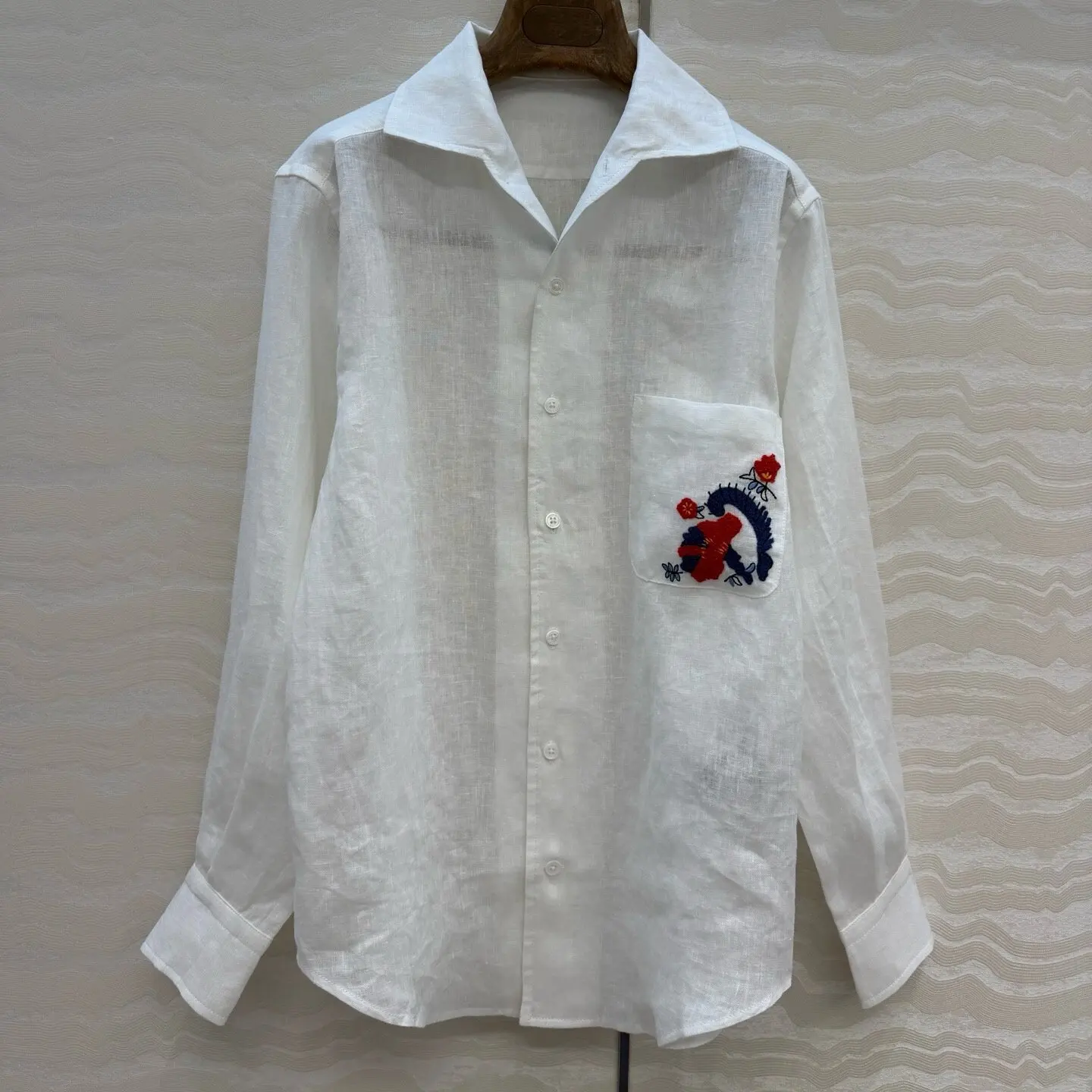 Women Imported Linen Lapel Long Shirt Embroidered Pocket High Waist Loose Blouse