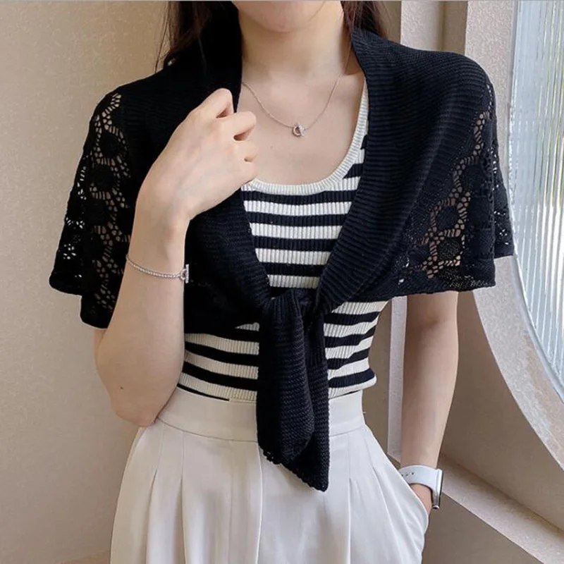 Korean Solid Honeycomb Crochet Lace Hollow Knit sunscreen Shawl Summer Air Conditioned Neck Protect Cross Cloak Women Scarf Q54