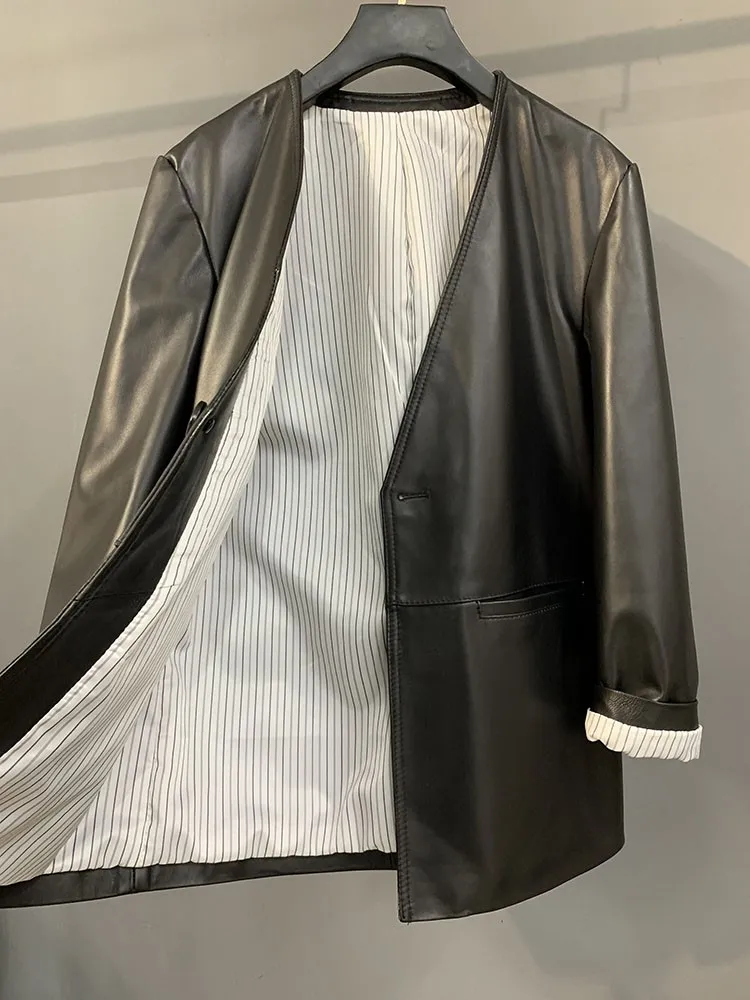 مصمم أزياء المرأة الجديدة زر واحد الخامس الرقبة متوسطة طويلة جلد طبيعي كم طويل فضفاض عارضة ملابس خارجية من جلد الغنم سترة