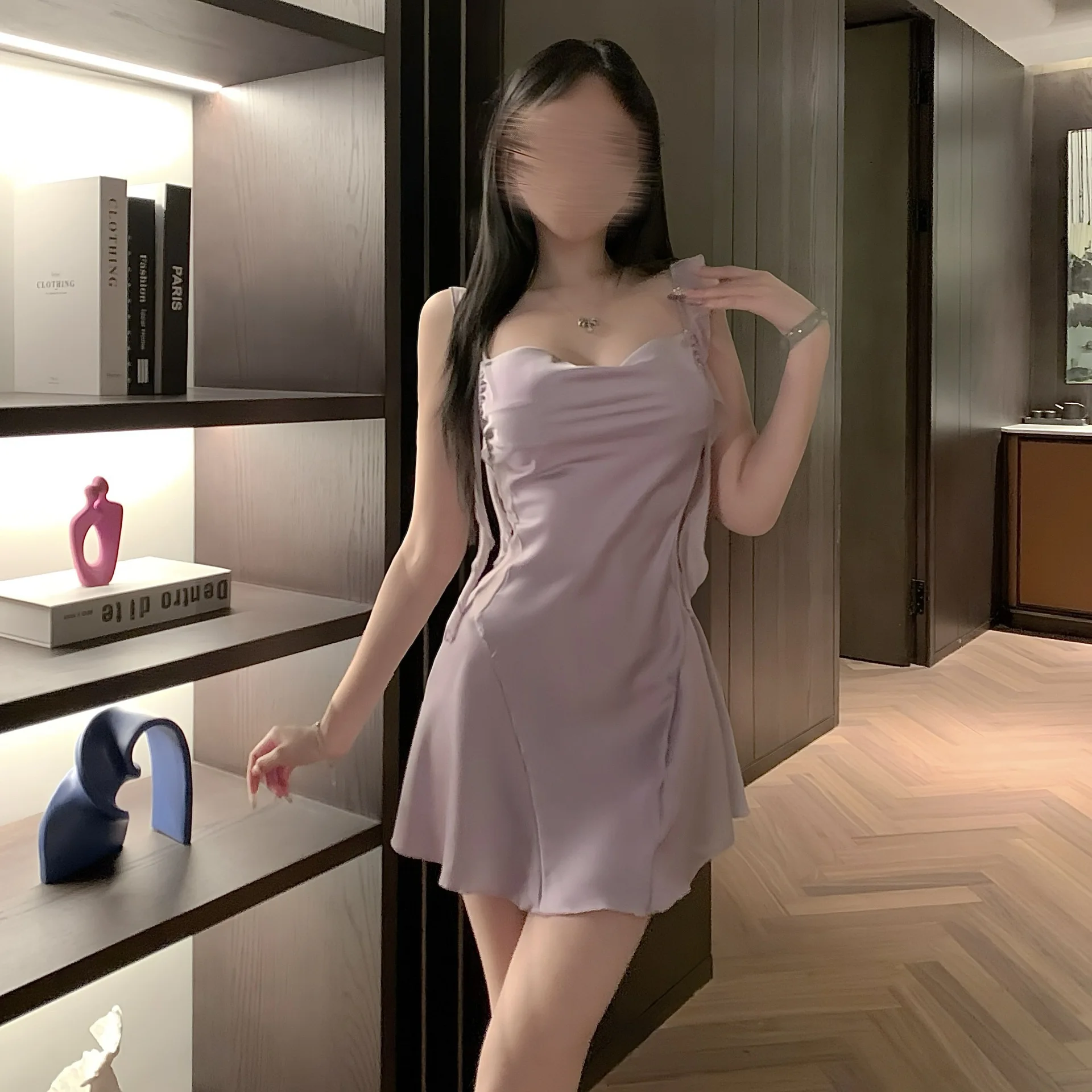 Girls' Suspender Pink Chiffon Patchwork Satin Lace Nightclub New Sexy Slim Fit Nightgown Home Satin Uniform Qqny Dress NEW