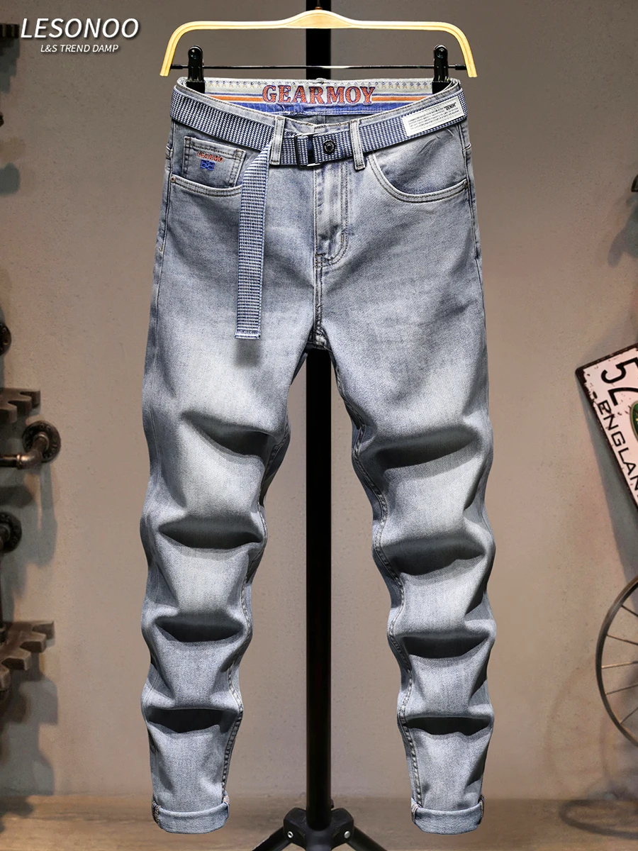 

Мужские летние тонкие повседневные джинсы премиум-класса из дышащего эластичного хлопкового денима со средней посадкой, облегающие, молодежные, модные, с вышивкой бренда