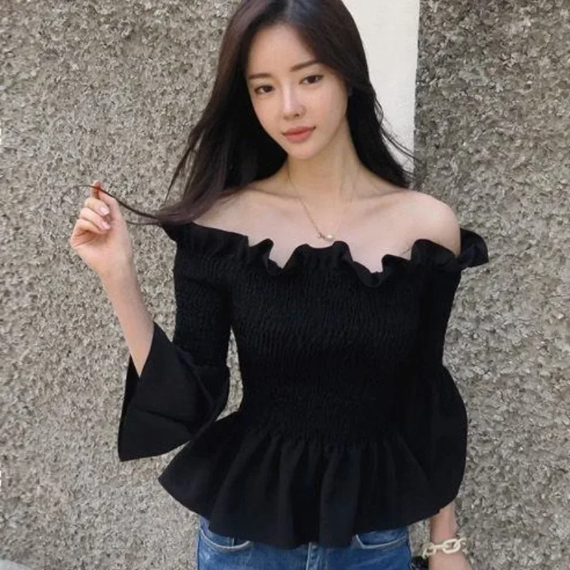 

Женские блузки с расклешенными рукавами во французском стиле, эластичные, весенние, элегантные, ретро, с вырезом-лодочкой, романтичные, с оборками, классические, модные, однотонные