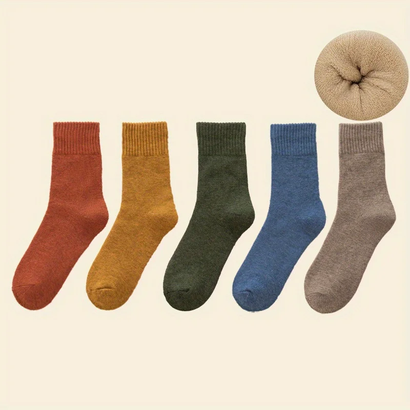 5 أزواج من الجوارب الصوفية السميكة المريحة للنساء-الخريف والشتاء، جوارب أنبوبية كلاسيكية بلون سادة-دافئة، ناعمة للطقس البارد