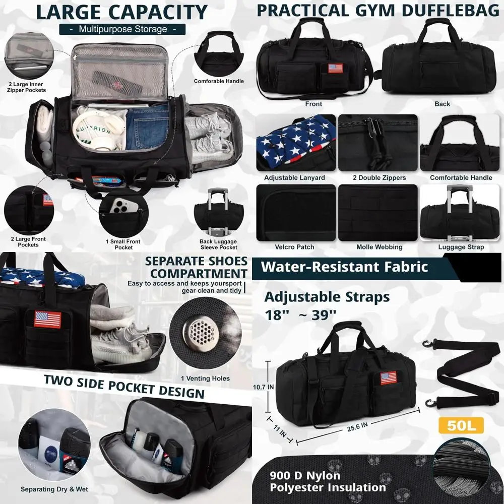 

Large 50L 3-in-1 Sports Duffle Bag for Men with Shoe Compartment, Water Resistant Weekender for Travel and Overnight Trips