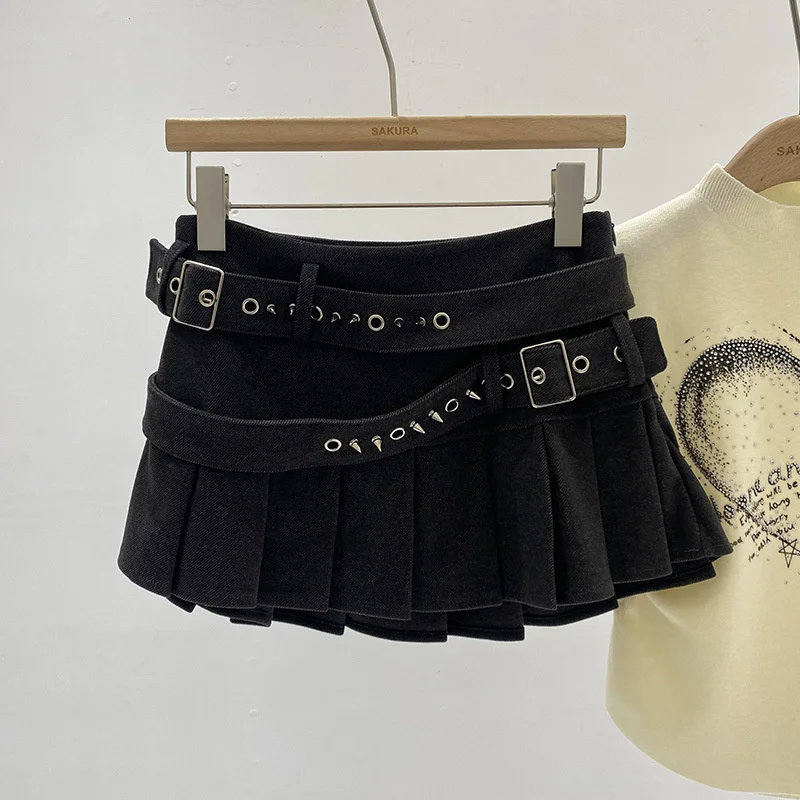 New Fashion Design Double Belt Pleated Skirt For Women In Summer Korean Style Versatile High-waisted Slim Short Skirt