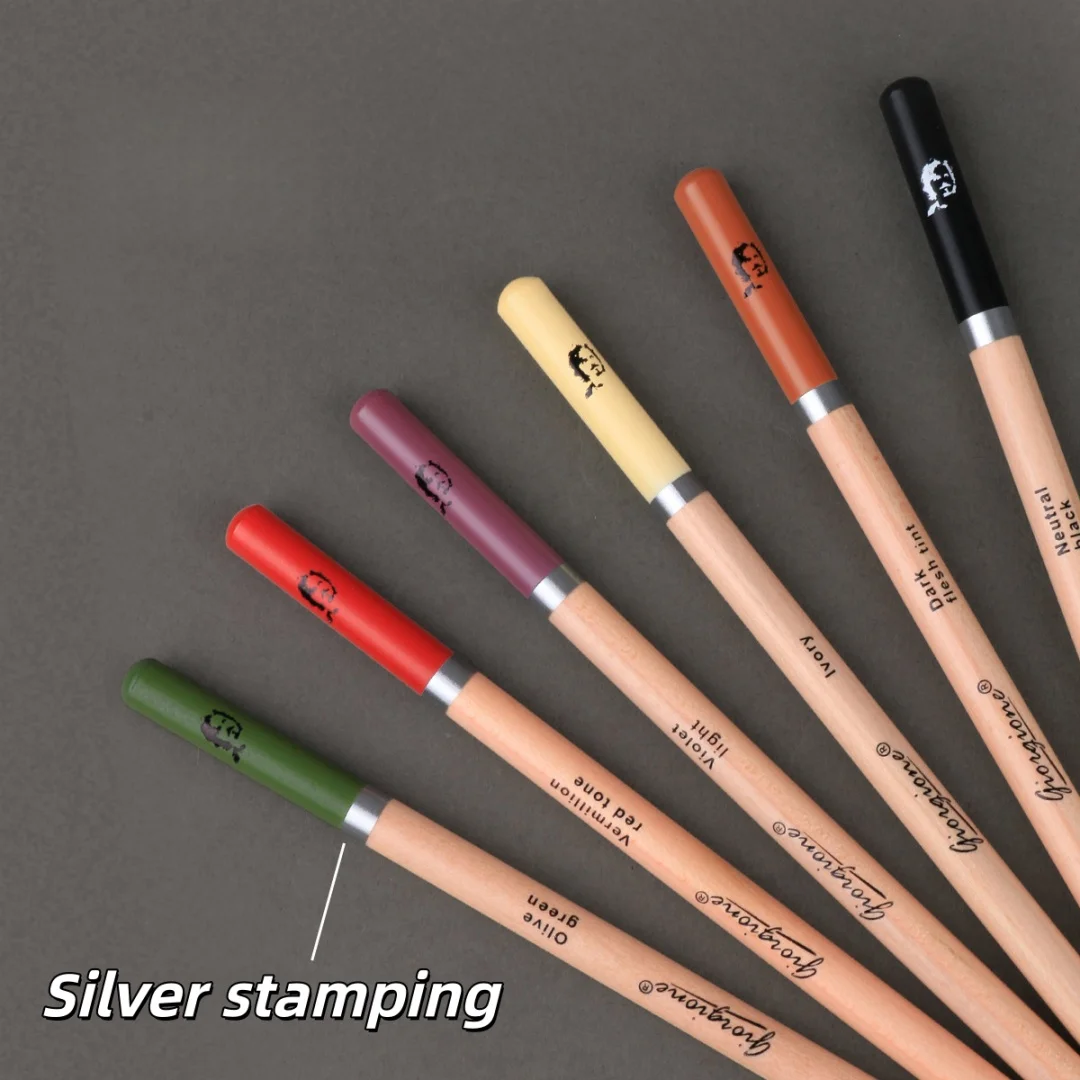 4/6/12/24Pc Natural Wood Matte Colored Charcoal Pencil Set for Students' Art Sketching and Drawing with Silver Foil Pens
