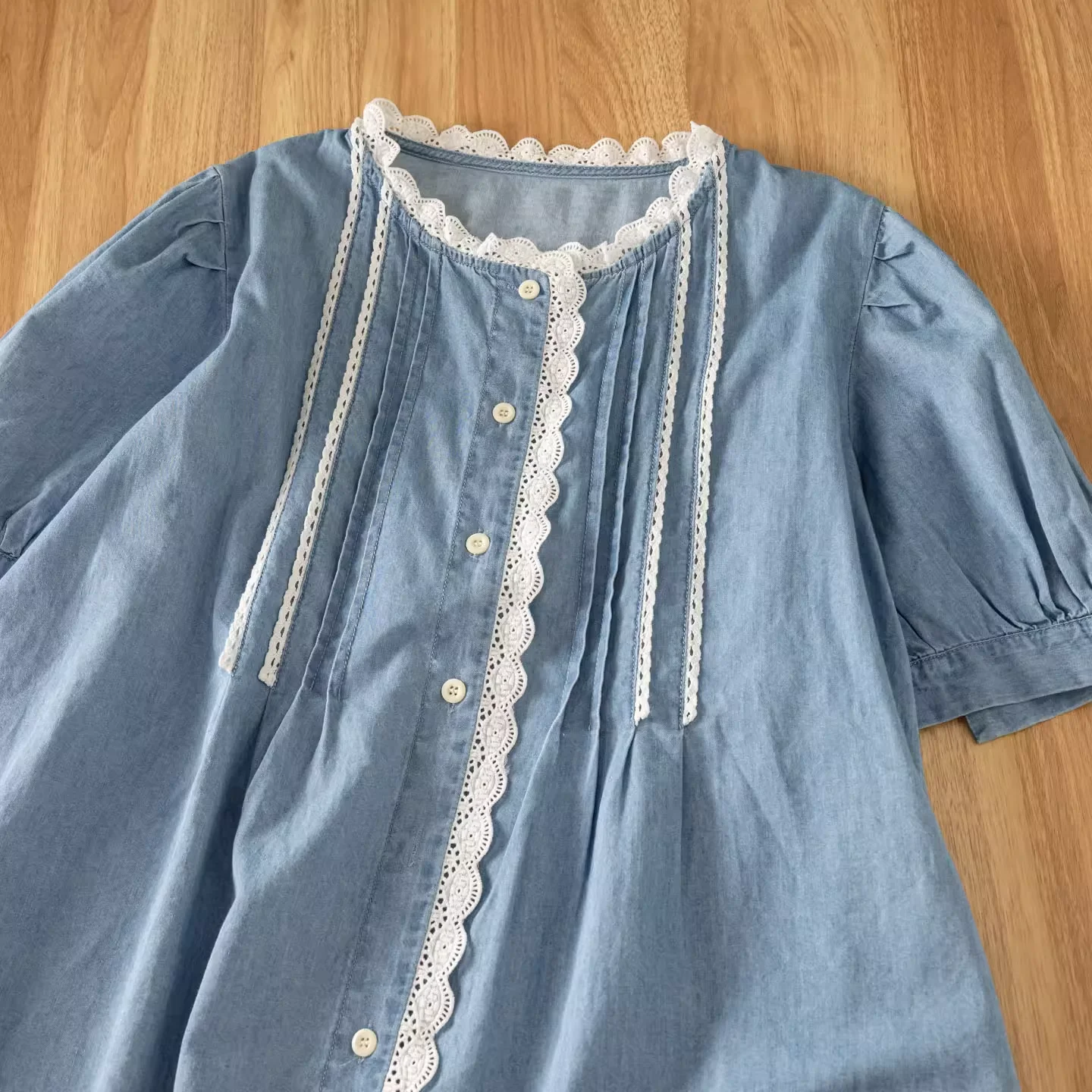 

2025 Sweet lolita clothing morigirl Japan style lace patchwork pleated denim shirts and blouses for women short sleeve top