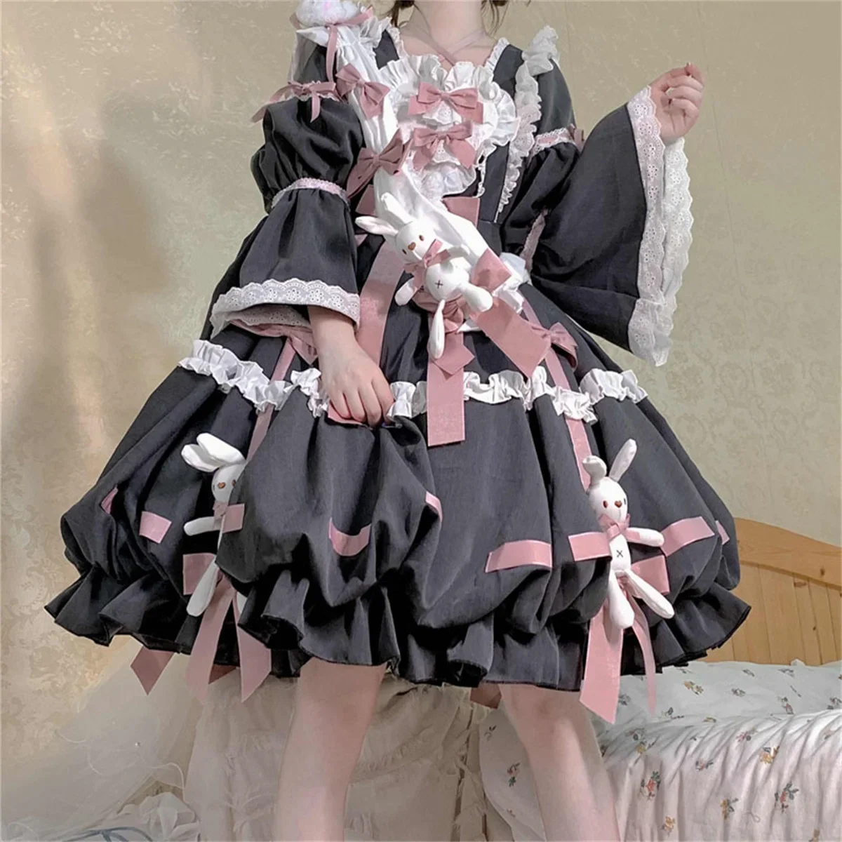 Japanese Style Cosplay Lolita Cute Girl OP Kawaii Sweet Lolita Plush Rabbit Puff Sleeves Ribbon Bow Backless Flower Bud Dress