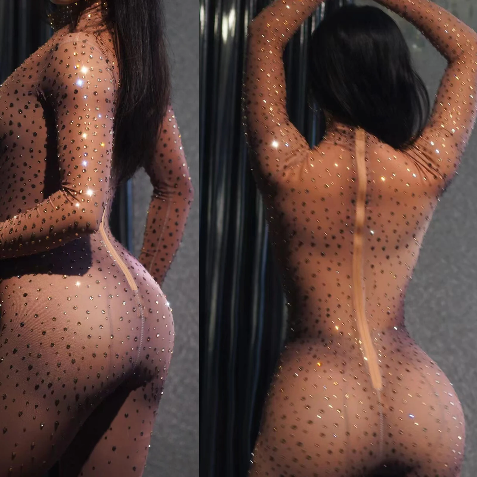 Drag Queen Kostuums Podium Sexy Naakt Vrouwen Strass Jumpsuit Lange Mouw Club Pole Zanger DS Show Turnpakje Dans Verjaardagsfeestje