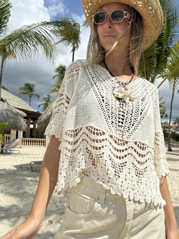 

Summer Color Hollow out Knitted Shirt Beach Vacation Coast Loose Casual Short Lace Cover up Sun Protection Clothing