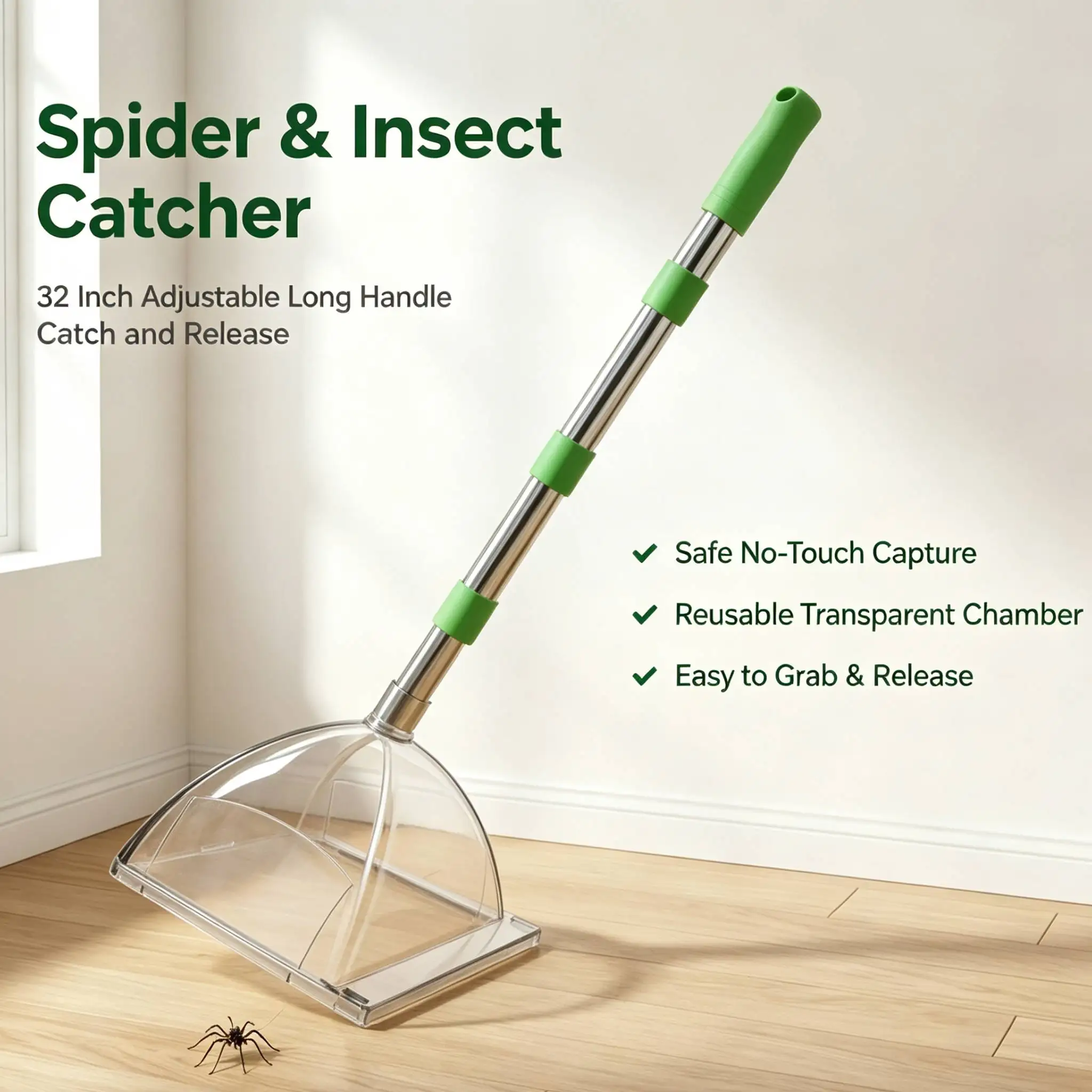 Arachnid Catcher with Sliding Door Foldable Catcher with Telescopic Handle Extended Reach Humane Contain for Arachnophobes