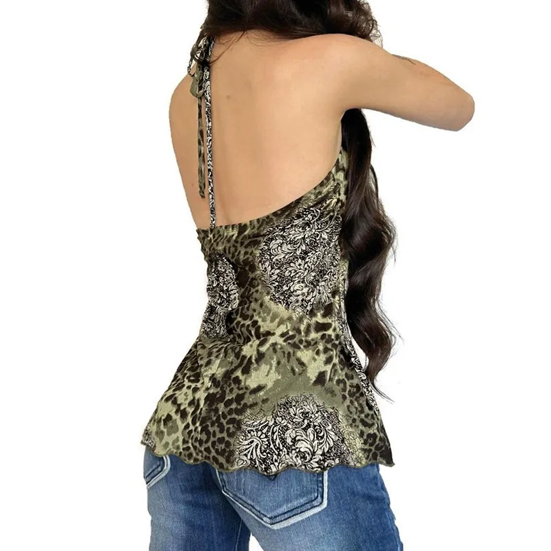 Women's Leopard Print Irregular Ruffle Edge Suspender Sexy Hanging Neck Backless Skirt Type Vest Top