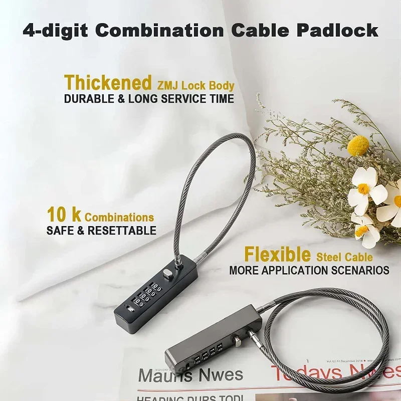 4 Digit Combination Long Rope Cable Lock Resettable Code for Bicycle Locker File Cabinet Padlock