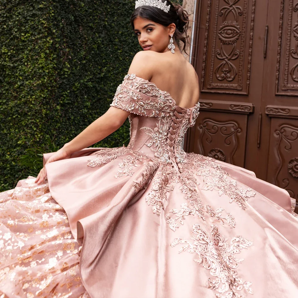Customized Luxury Sparkling Pink Princess Ball Dress Off Shoulder Lace Bead Graduation Dress A-line Party Evening Dress