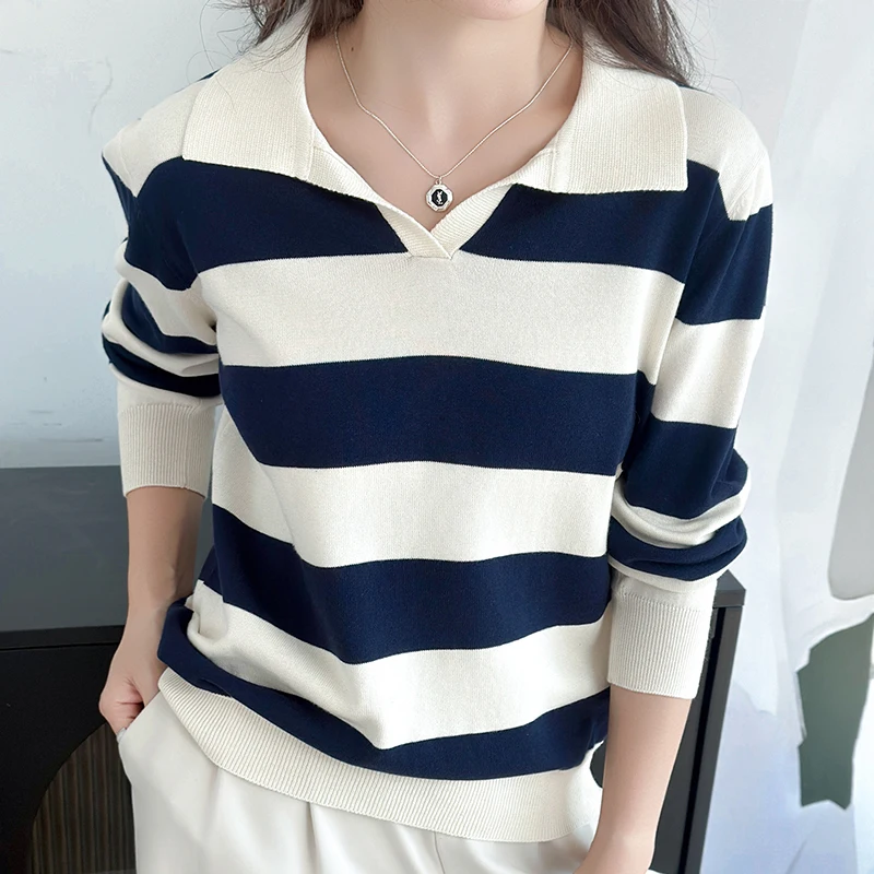 THYFGT 100% Cotton Women POLO Colla RWide Stripe Pullover Sweater Luxury Designer Clothing Plus Size Clearance Sale
