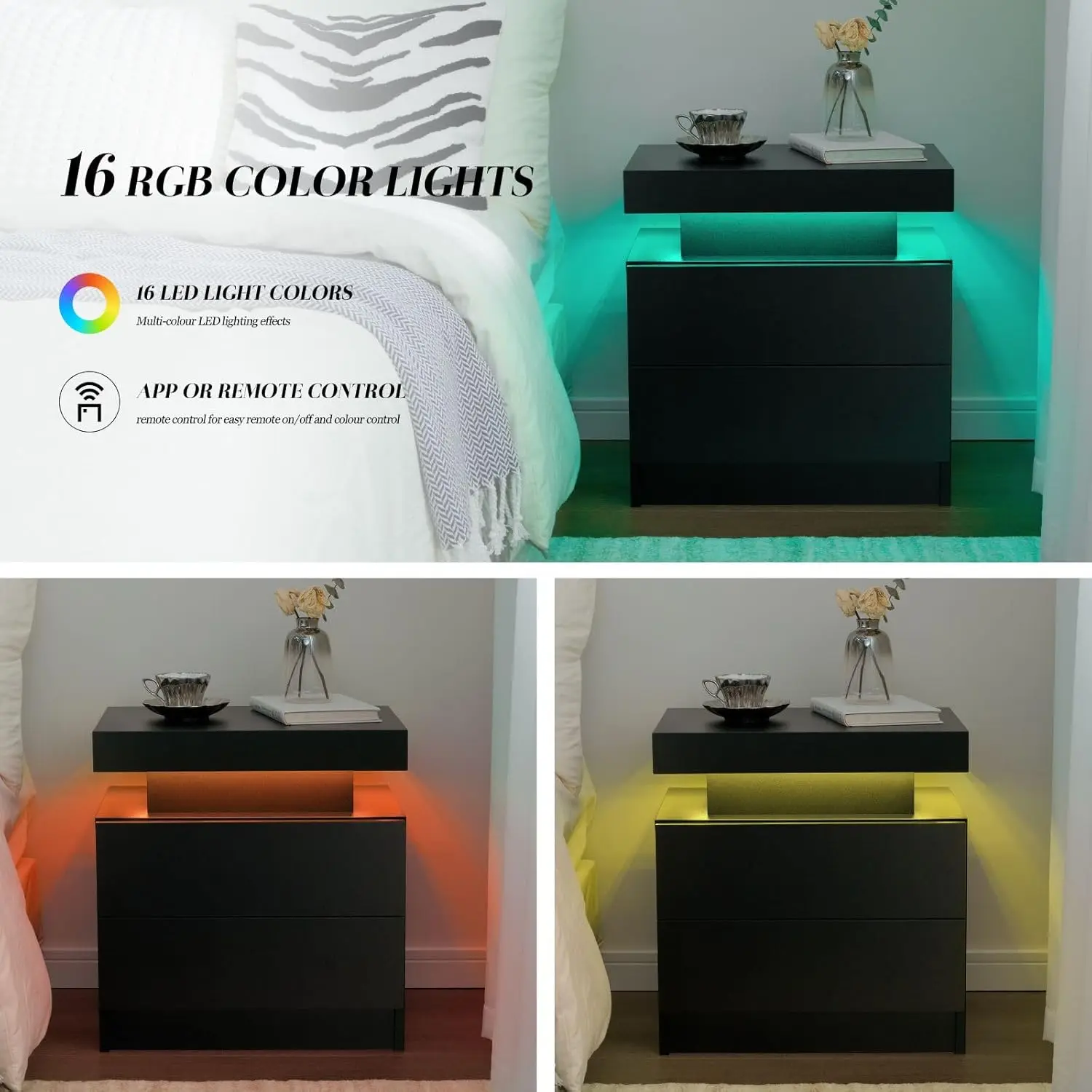 Black Nightstand LED Set of 2 Black Bedside Table LED Night Stand with LED Lights Modern End Side Table