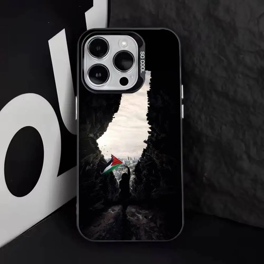 حافظة هاتف P-Palestine-es-F-Flag MAP لهاتف iPhone 16,15,14,13,12,11,8,7,Pro,Max,Plus,Mini,XS,SE مضادة للسقوط باللون الأسود غير اللامع