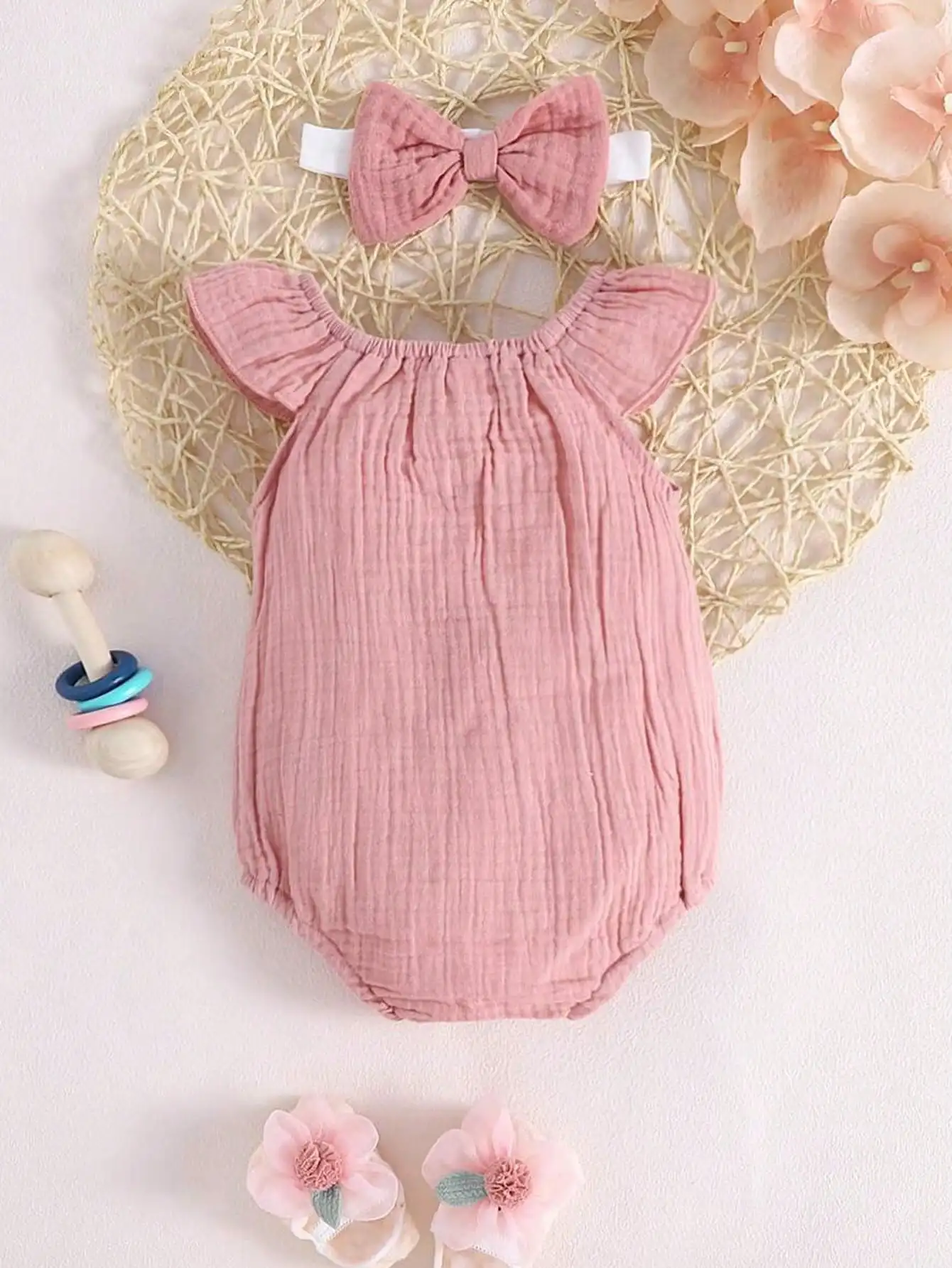 Baby Pink Butterfly Jumpsuit with Cute Bow Decoration & Matching Headband
