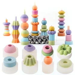 DIY Originality Building Blocks Stackable Silicone Candle Mold Geometric Long Taper Candle Moulds Home Christmas Decor Tool