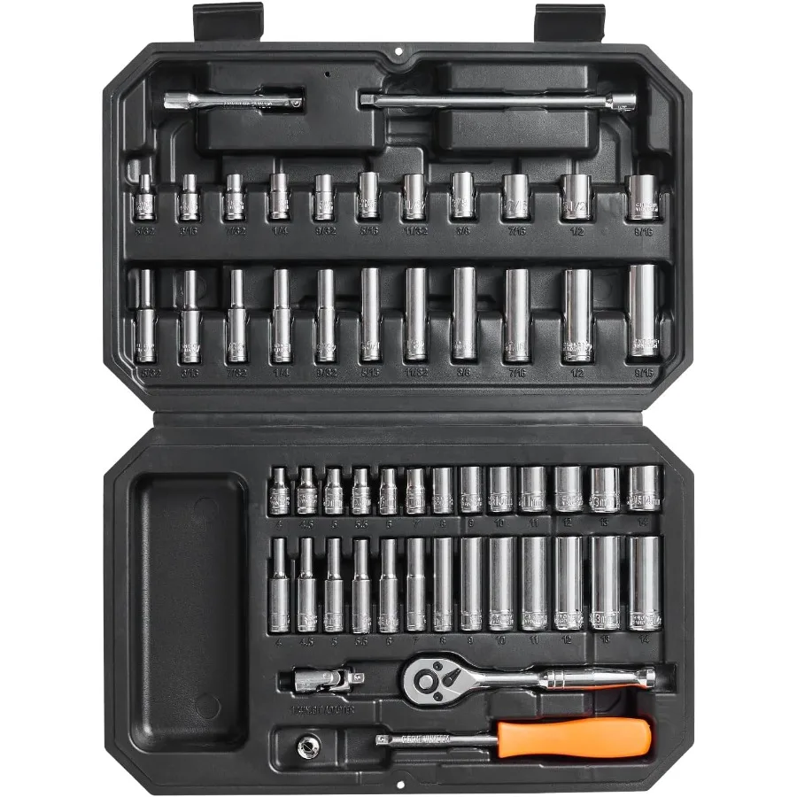 

Socket Set 1 4 Inch Drive Socket and Ratchet Set 6Point Socket Opening 54 Pieces Tool Set SAE and Metric Deep and Standard Sock