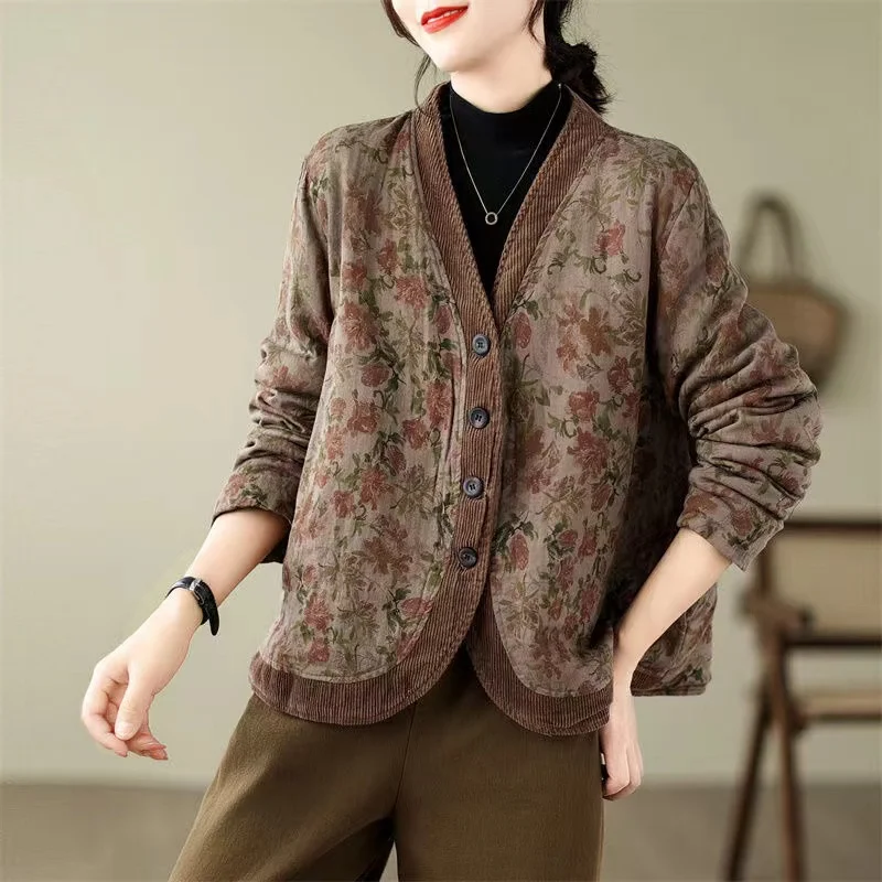 Literary Vintage Floral Short Women Outerwear Coat 2024 New Autumn Winter Casual Loose Female Cotton-Padded Parka Jackets