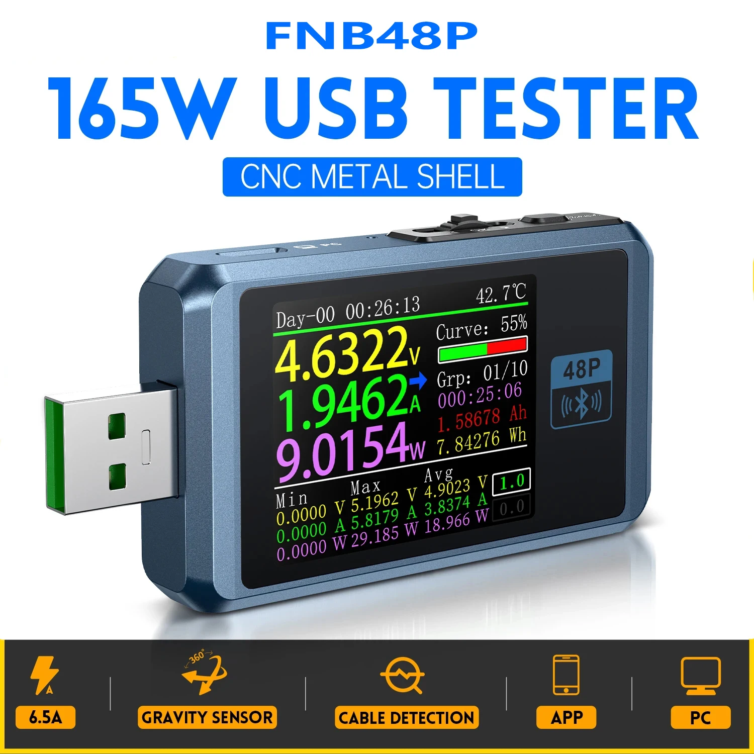 FNIRSI FNB48P USB Tester baterii napięcie prądu moc detektora LCD miernik typu C szybkie ładowanie wykrywanie wyzwalacza