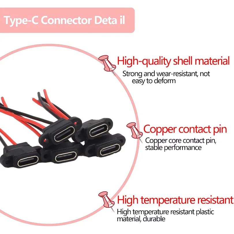 5PCS Type-C Female Chassis 2 Pin Type-C Female Socket Connector Waterproof Jack Female Charging Port 3A USB-C Charger Plug Socke