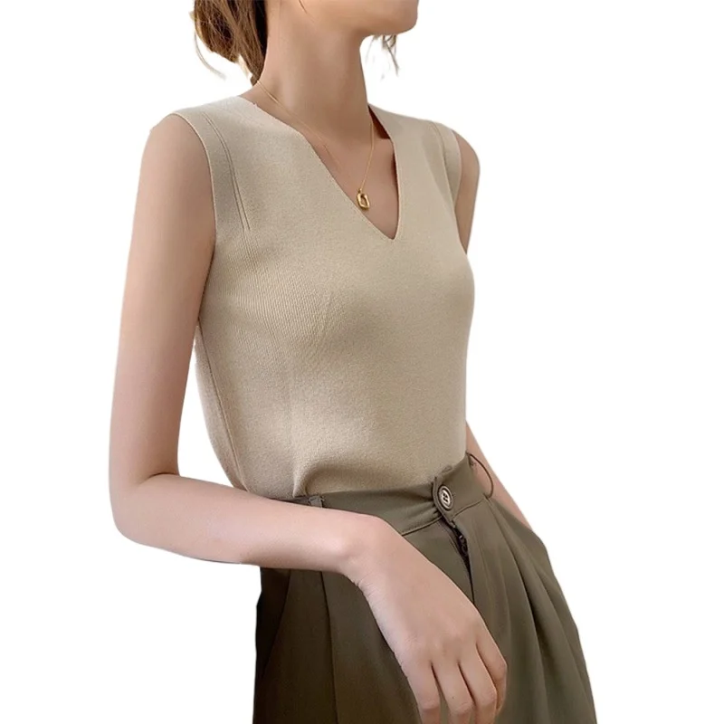 Korean Version Suspender Vest Women's Knitted Sweater V-neck Sleeveless Bottoming Shirt Fashionable Foreign Style Ice Silk Top